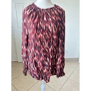 BeachLunchLounge Top Womens Large Burgandy Geo Print Beachy Boho Mock Neck Flowy